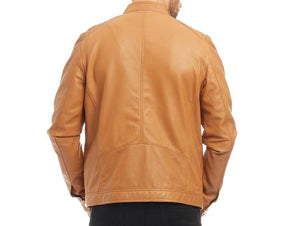 Men's Tan Genuine Leather Racer Neck Biker Jacket