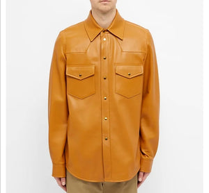 Men's Tan Genuine Leather Full Sleeve Shirt