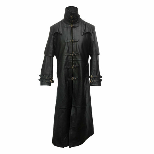 Herren Trenchcoat aus schwarzem Echtleder Steampunk Gothic