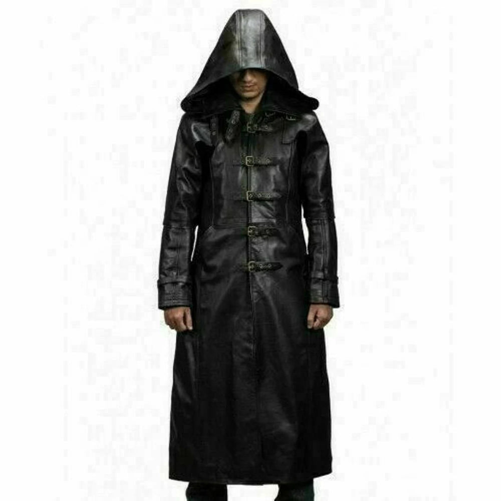 Herren Trenchcoat aus schwarzem Echtleder mit Kapuze Gothic Steampunk
