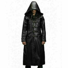 Carica l&#39;immagine nel visualizzatore di Gallery, Men&#39;s Black Genuine Leather Trench Coat With Hood Gothic Steampunk
