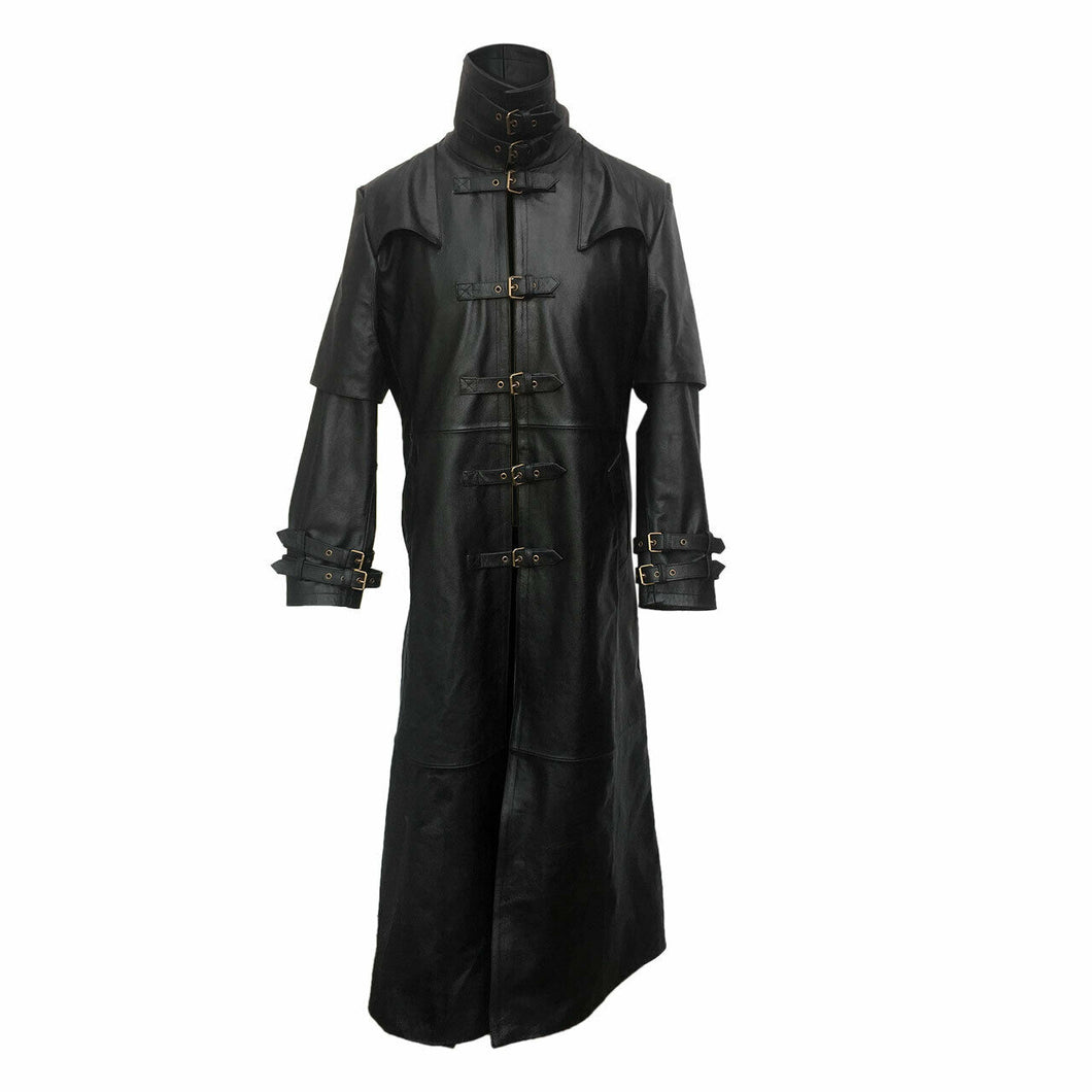 Men's Black Genuine Leather Trench Coat Steampunk Gothic