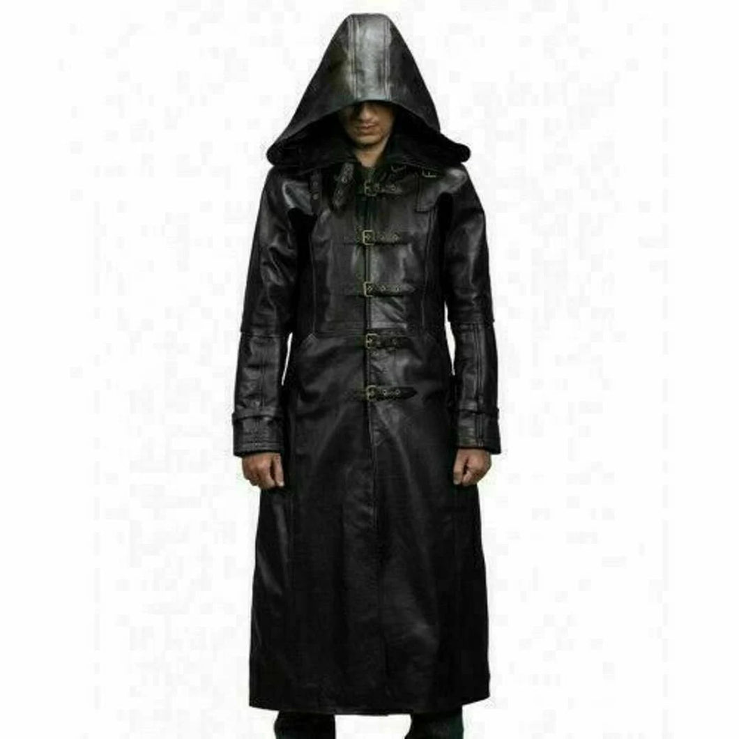 Men s Black Genuine Leather Trench Coat With Hood Gothic Steampunk Leather Right