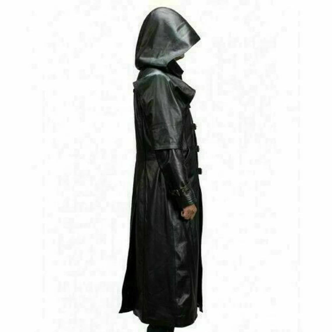 Herren Trenchcoat aus schwarzem Echtleder mit Kapuze Gothic Steampunk