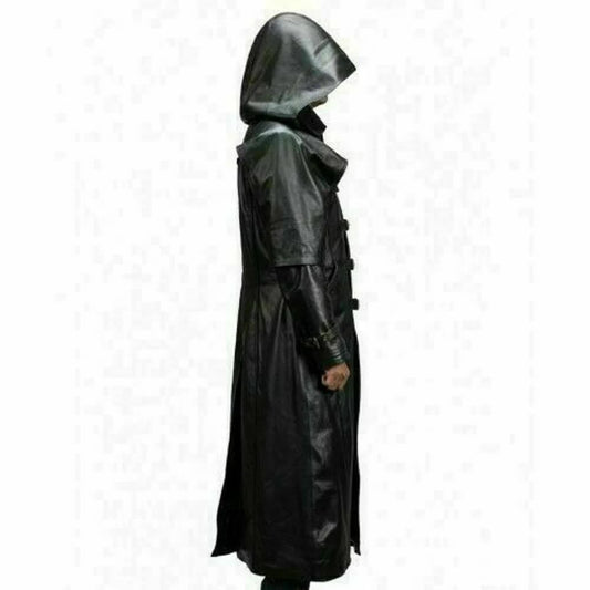 Men's Black Genuine Leather Trench Coat With Hood Gothic Steampunk