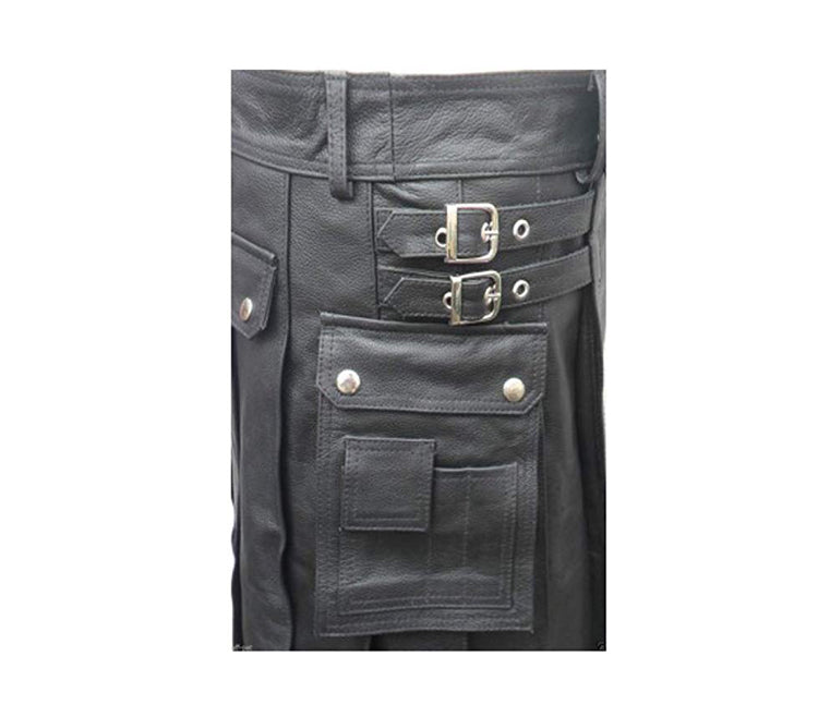 Men's Black Leather Utility Kilt Twin CARGO Pockets Pleated with Twin Buckles