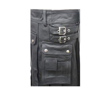 Load image into Gallery viewer, Men&#39;s Black Leather Utility Kilt Twin CARGO Pockets Pleated with Twin Buckles
