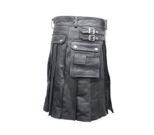 Load image into Gallery viewer, Men&#39;s Black Leather Utility Kilt Twin CARGO Pockets Pleated with Twin Buckles
