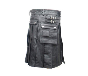 Men's Black Leather Utility Kilt Twin CARGO Pockets Pleated with Twin Buckles