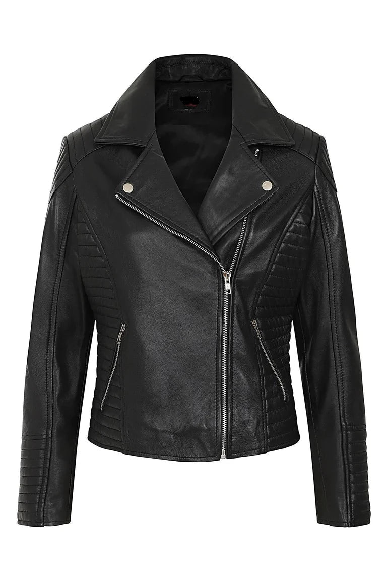 Ladies Black Genuine Leather Quilted Jacket