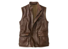 Charger l&#39;image dans la galerie, Gilet en cuir véritable marron pour homme
