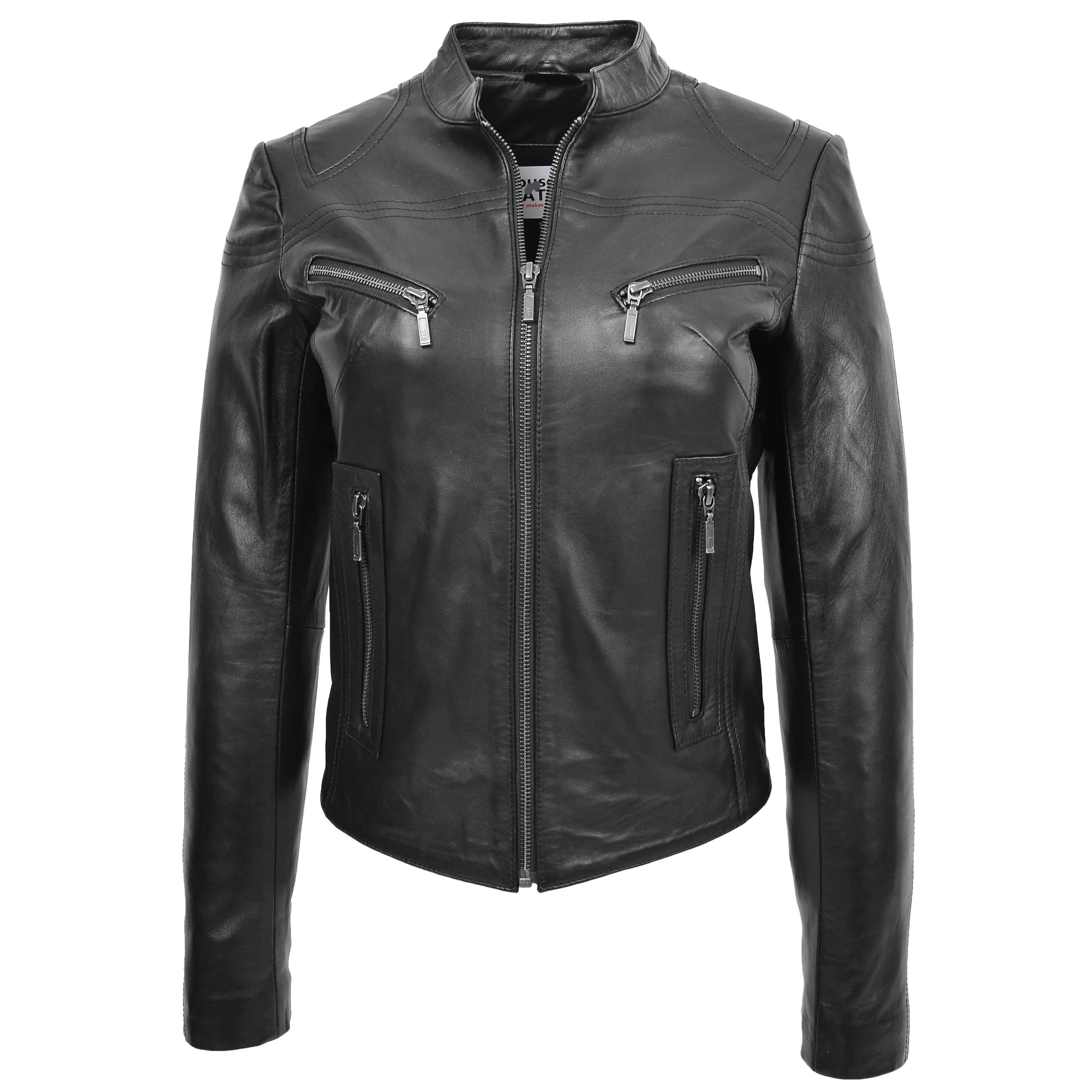 Women's Black Genuine Leather Racer Neck Jacket