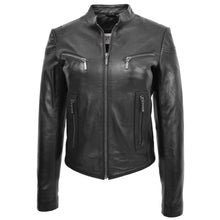 Indlæs billede til gallerivisning Ladies Black Genuine Leather Racer Neck Jacket
