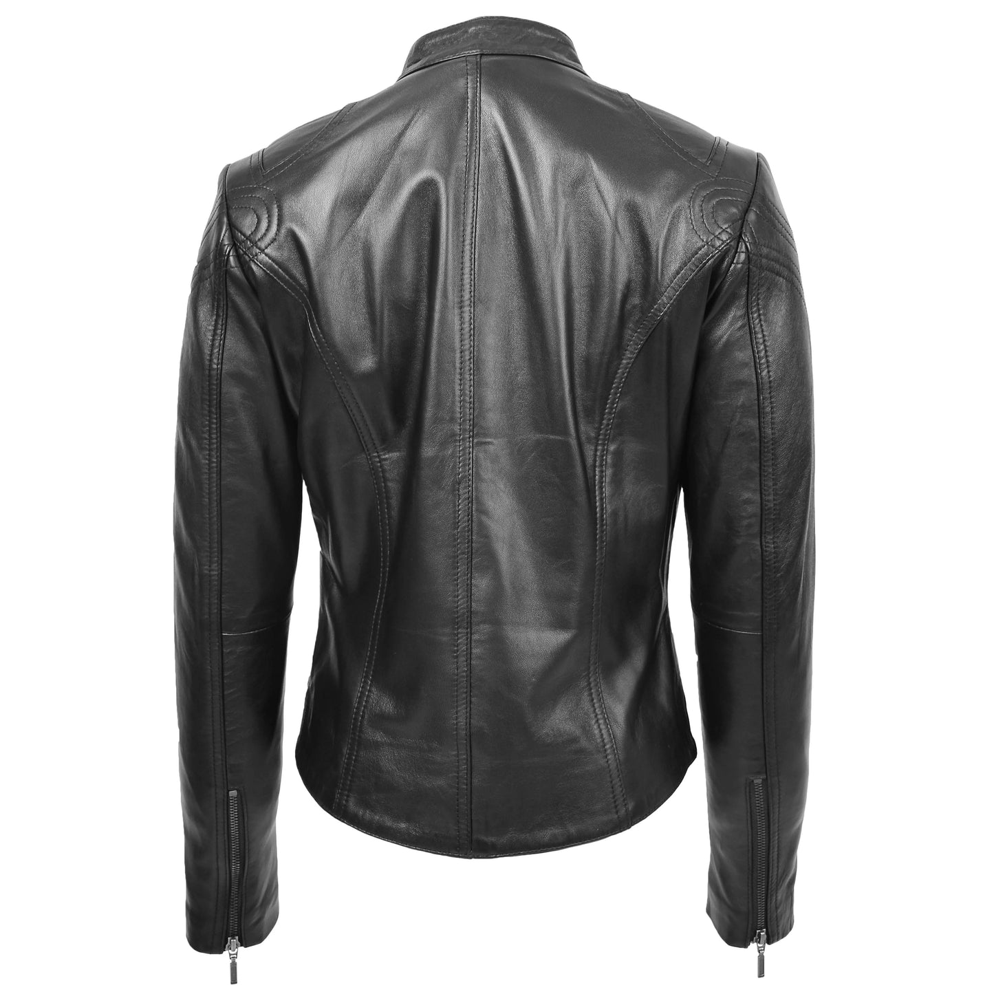 Women's Black Genuine Leather Racer Neck Jacket