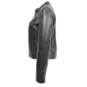 Schwarze Damen-Jacke aus echtem Leder mit Racer-Neck