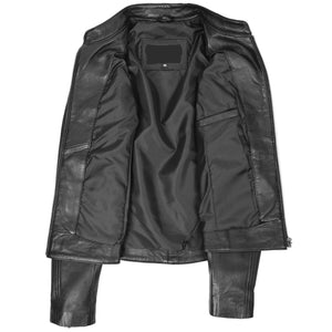 Veste à col nageur en cuir véritable noir pour femme