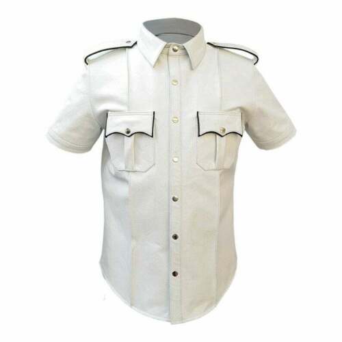 Men's White Genuine Leather Short Sleeve Shirt