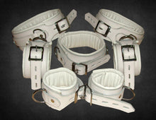 Afbeelding in Gallery-weergave laden, Heavy Duty 7 Piece White Real Leather Bondage Restraints Wrist Neck Ankle &amp; Thigh
