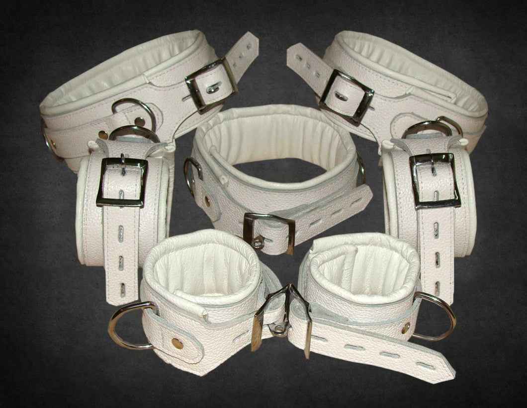 Robuste 7-teilige weiße Echtleder-Bondage-Fesseln für Handgelenk, Hals, Knöchel und Oberschenkel