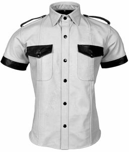 Men's White Genuine Leather Short Sleeve Shirt