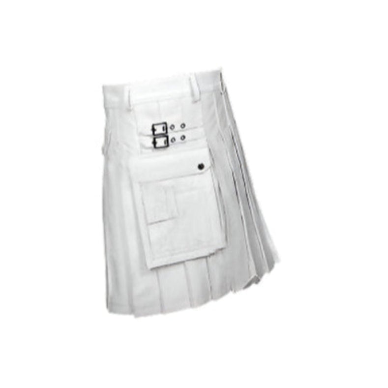 Men's White genuine Leather Utility Kilt Twin CARGO Pockets