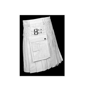 Kilt utilitaire en cuir véritable blanc pour homme avec deux poches CARGO plissées avec deux boucles