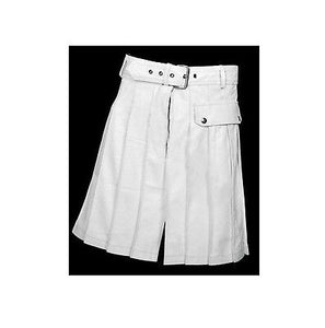 Men's White genuine Leather Utility Kilt Twin CARGO Pockets Pleated with Twin Buckles