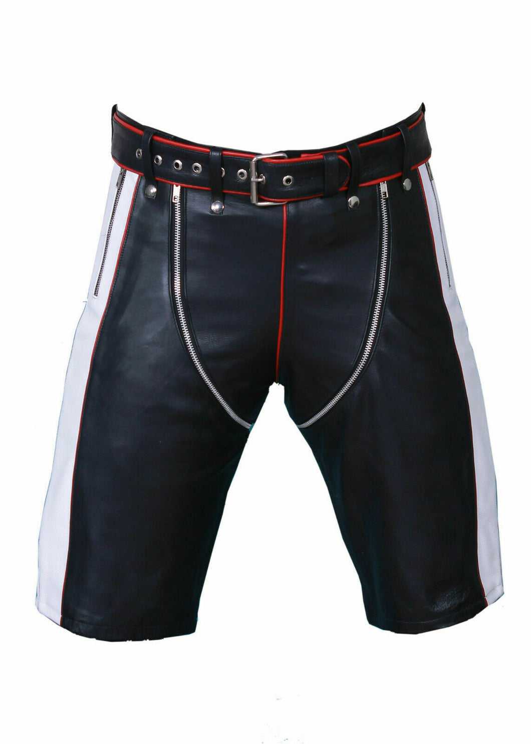 Men's Genuine Leather Zipper Clubwear Shorts with Belt