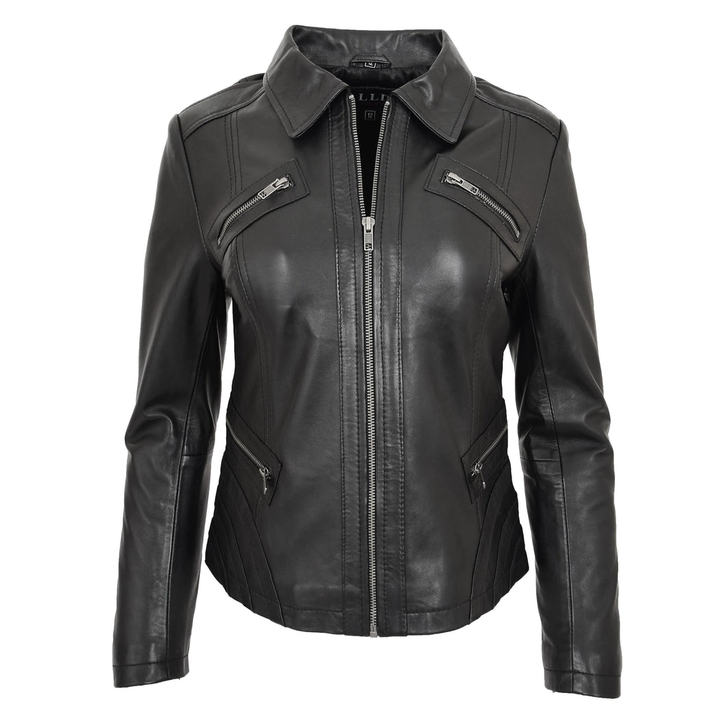 Damen schwarze echte Lederjacke