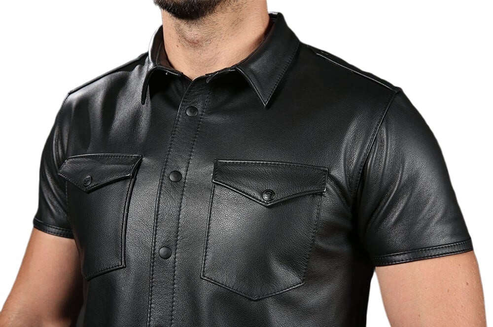 Men's Black Genuine Leather Short Sleeve Shirt